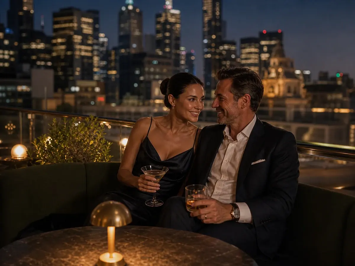 Adult couple enjoying Melbourne rooftop nightlife