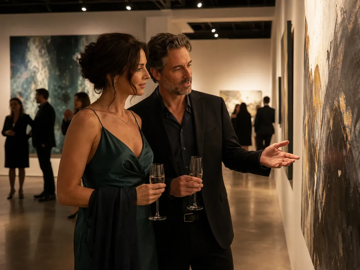 Adult couple discussing contemporary art at a private gallery evening