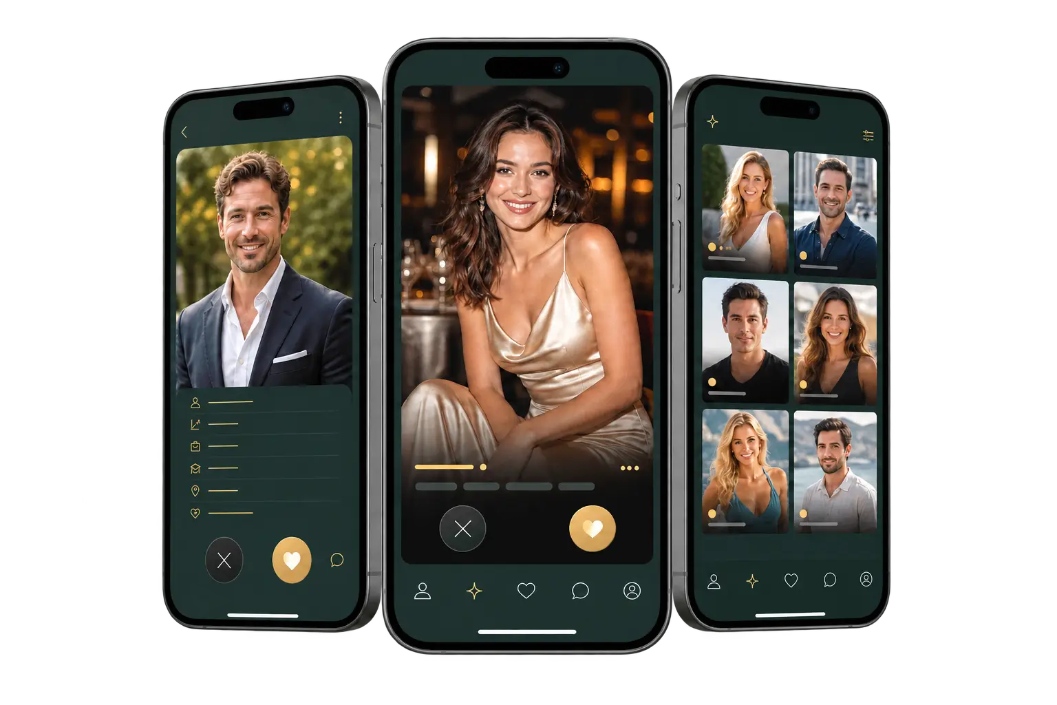 Three smartphones showing member profiles and discovery features in the Sugar Daddy Australia app