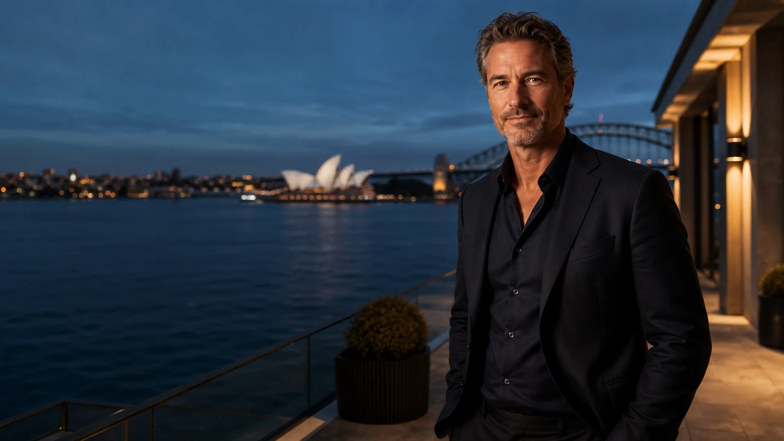 Confident Australian professional overlooking Sydney Harbour at blue hour
