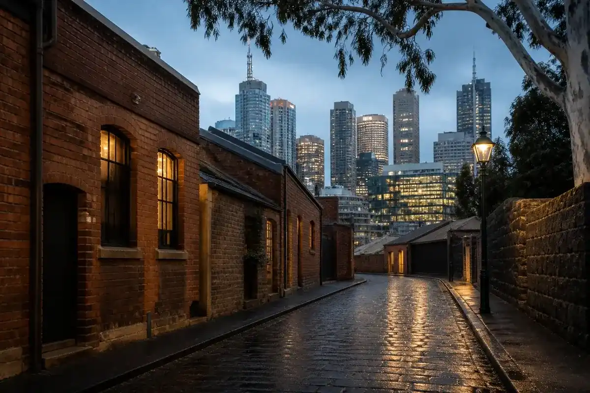 Historic Melbourne laneway with the city skyline at blue hour