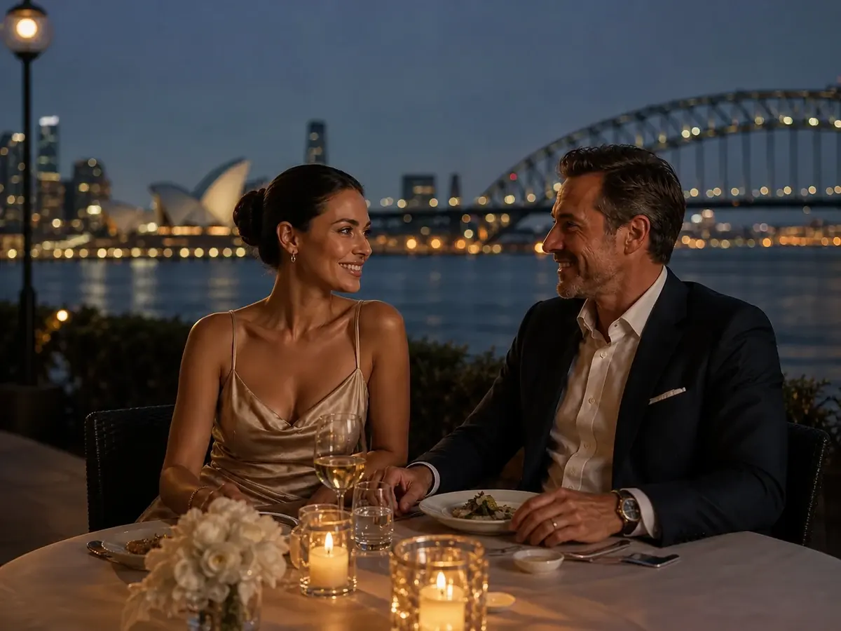 Adult couple building a connection over waterfront dinner