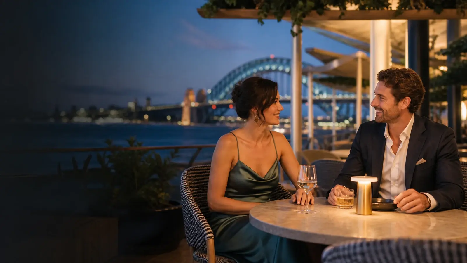 Adult couple talking at a public Sydney waterfront venue