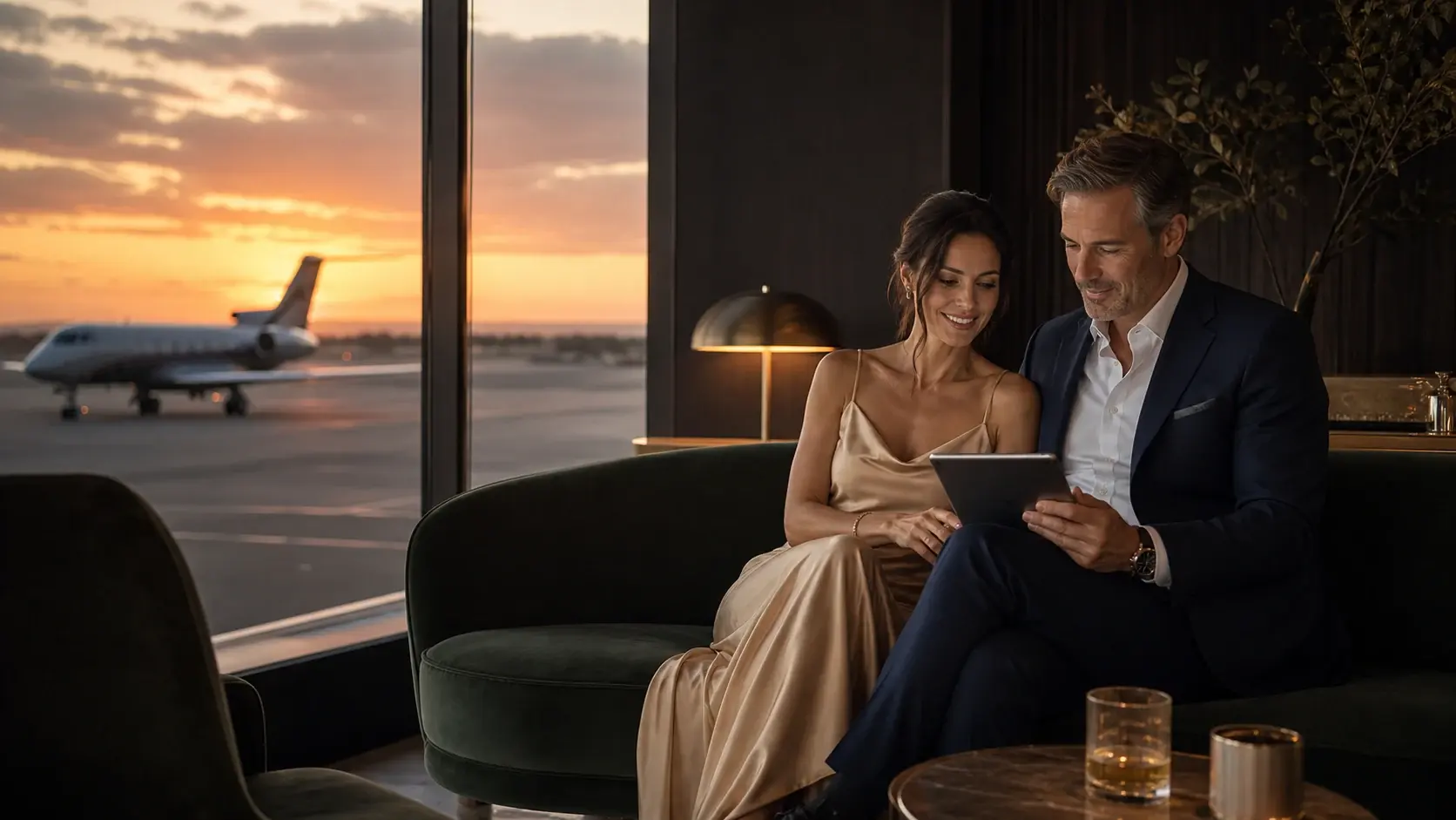 Adult couple reviewing a profile together in an elegant airport lounge