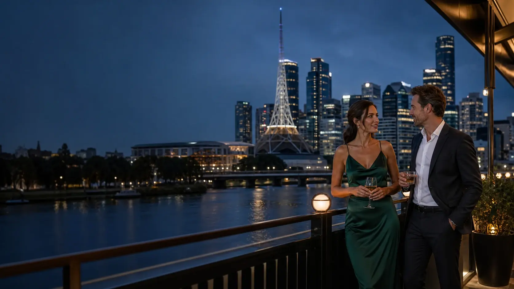 Elegant adult couple overlooking Melbourne from Southbank at blue hour